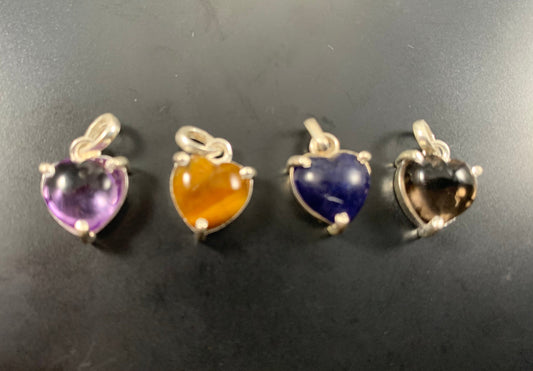 Heart Shaped Silver Pendant w Free Chain - Amethyst - Tiger Eye - Lapis Lazuli - Smoky Quartz - Heart Necklace - Solid 925 Sterling Silver