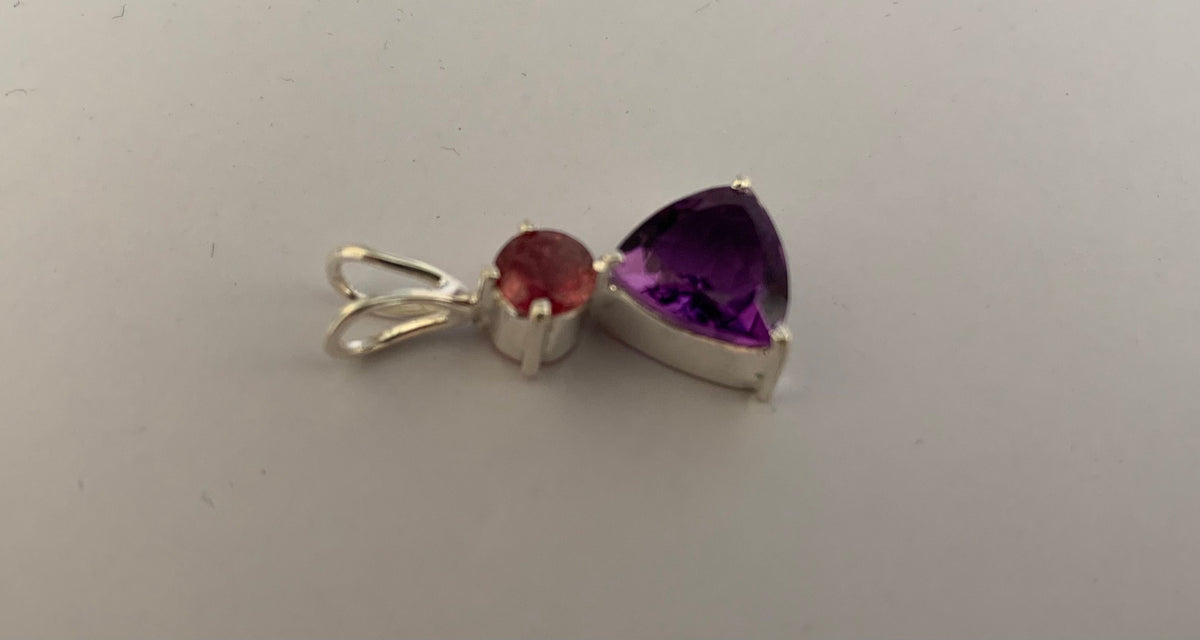 Amethyst and Rhodolite Garnet Pendant - Trillion Amethyst Pendant - February Birthstone - Christmas Gift - Solid Sterling Silver Pendant