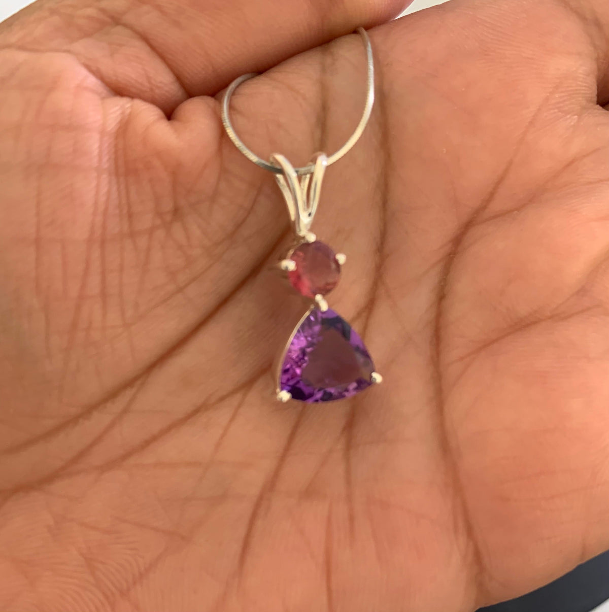 Amethyst and Rhodolite Garnet Pendant - Trillion Amethyst Pendant - February Birthstone - Christmas Gift - Solid Sterling Silver Pendant