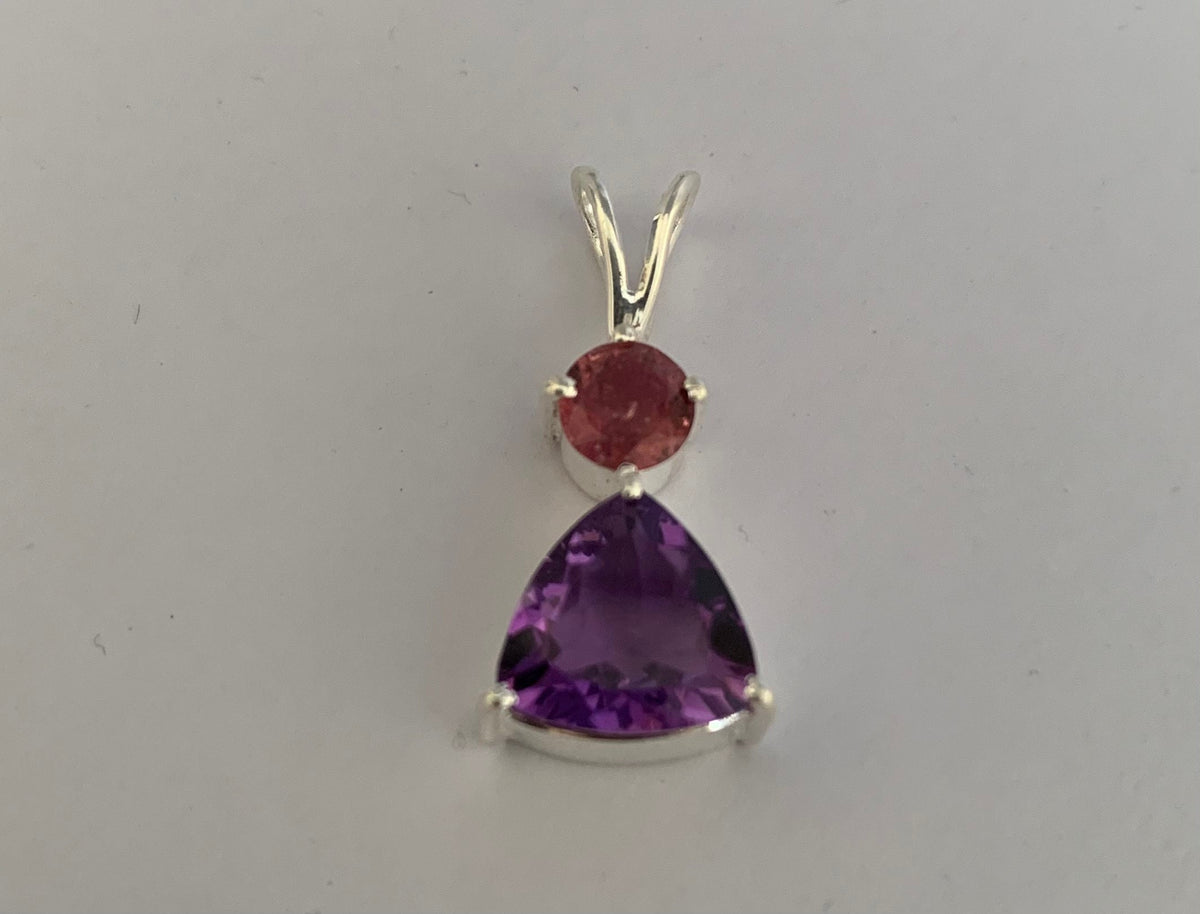 Amethyst and Rhodolite Garnet Pendant - Trillion Amethyst Pendant - February Birthstone - Christmas Gift - Solid Sterling Silver Pendant