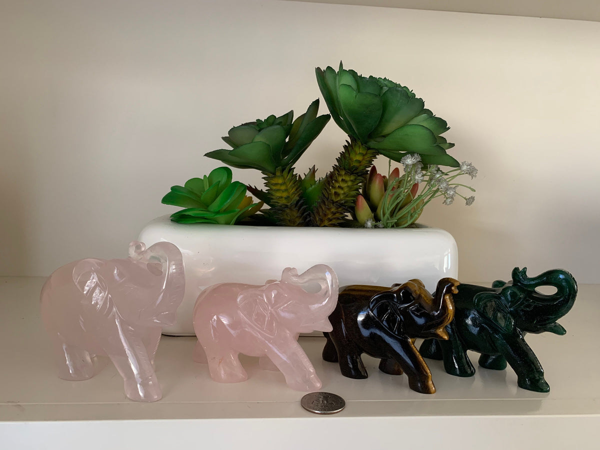 Natural Gemstone Elephant - Carved Gemstone Figurine -  Elephant Gift - Rose Quartz - Tiger Eye - Green Aventurine Gift - Lucky Elephant