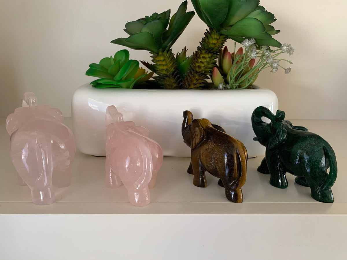 Natural Gemstone Elephant - Carved Gemstone Figurine -  Elephant Gift - Rose Quartz - Tiger Eye - Green Aventurine Gift - Lucky Elephant