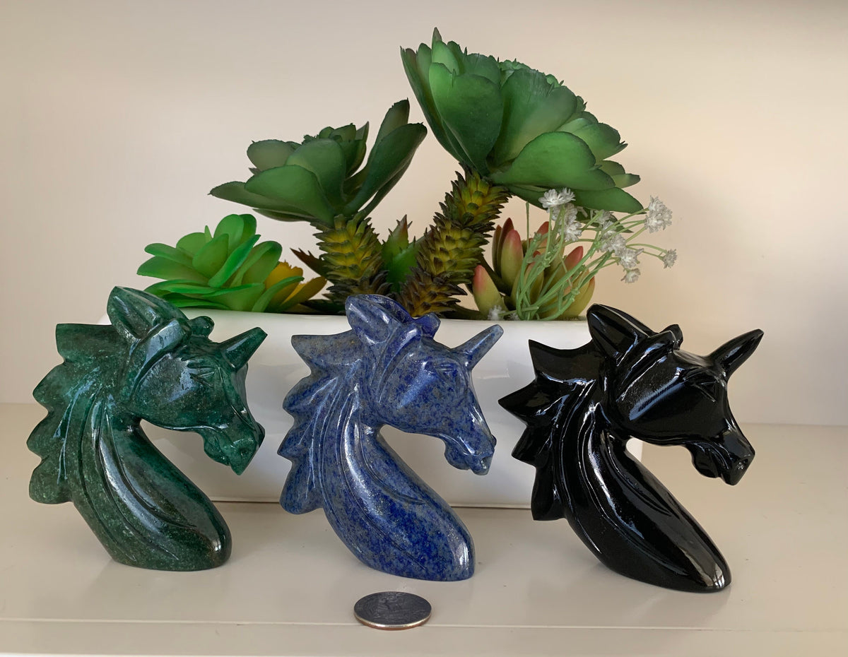 Natural Gemstone Unicorn - Carved Gemstone Figurine -  Unicorn Gift - Green Aventurine - Lapis Lazuli - Black Obsidian - Gift for her