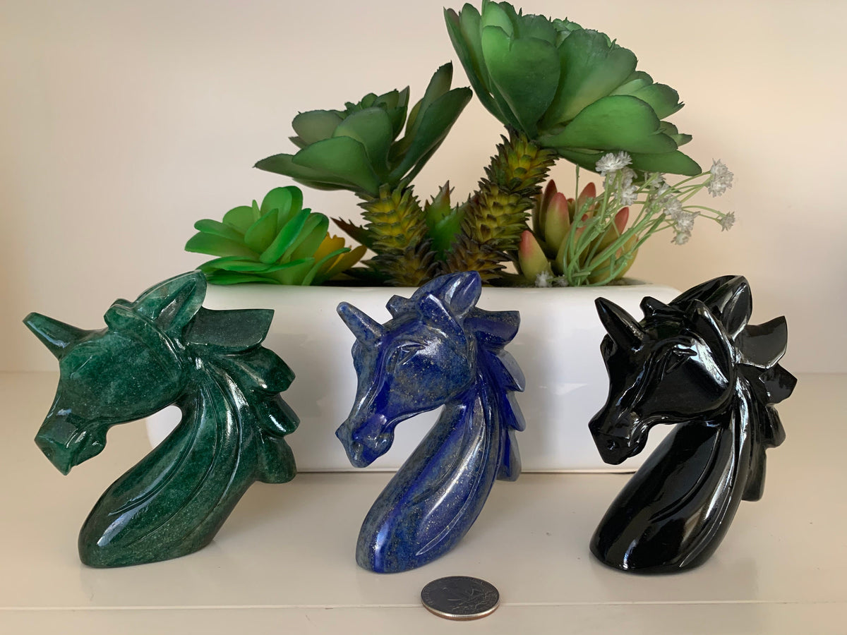 Natural Gemstone Unicorn - Carved Gemstone Figurine -  Unicorn Gift - Green Aventurine - Lapis Lazuli - Black Obsidian - Gift for her