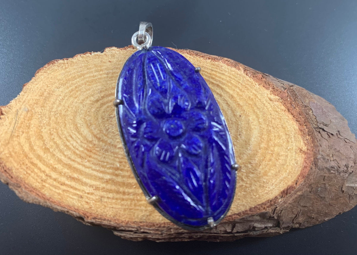 Natural Lapis Lazuli Carved Pendant - Floral Carved Pendant - December Birthstone - Gift for Her - Solid 925 Sterling Silver Pendant