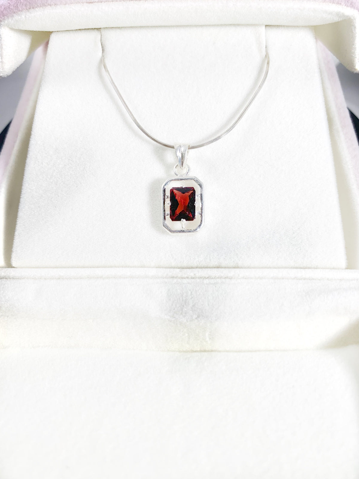 Red Garnet Pendant with Chain - Natural Red Garnet Pendant - Rectangular Pendant with Chain - Solid 925 Sterling Silver Pendant for Her