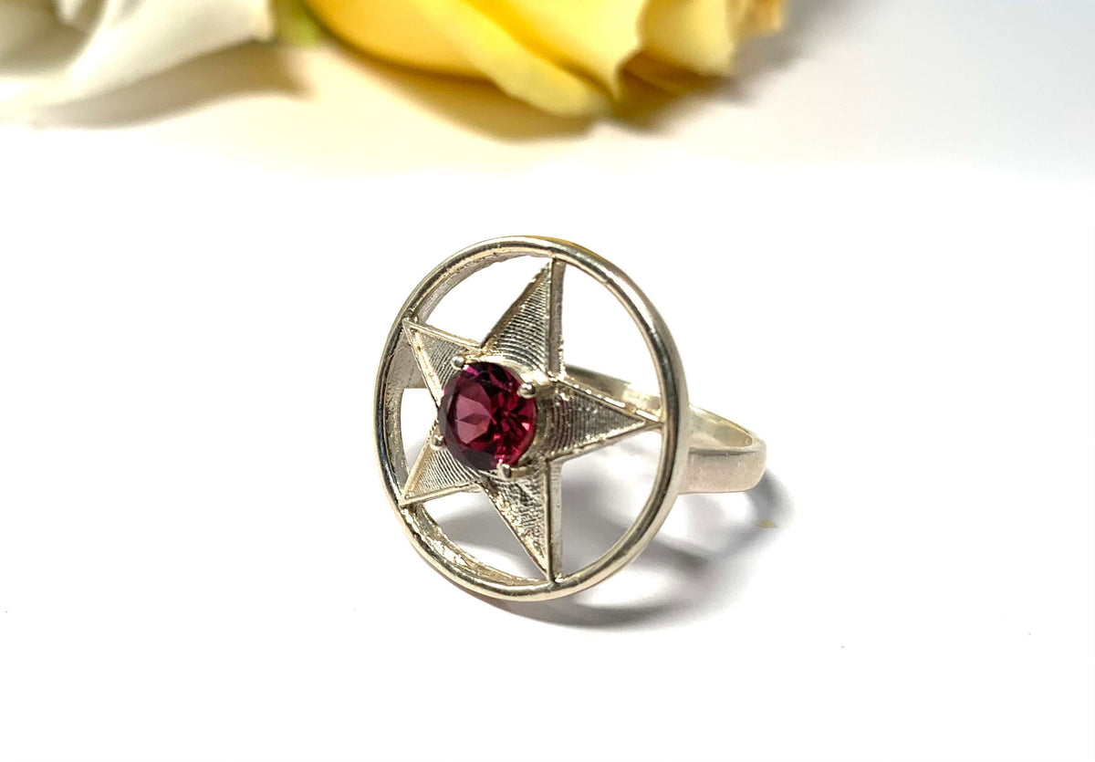 Natural Rhodolite Garnet Ring - US 7.75 Ring - Genuine Garnet Ring - January Birthstone - Christmas Star Gift - Solid Sterling Silver Ring