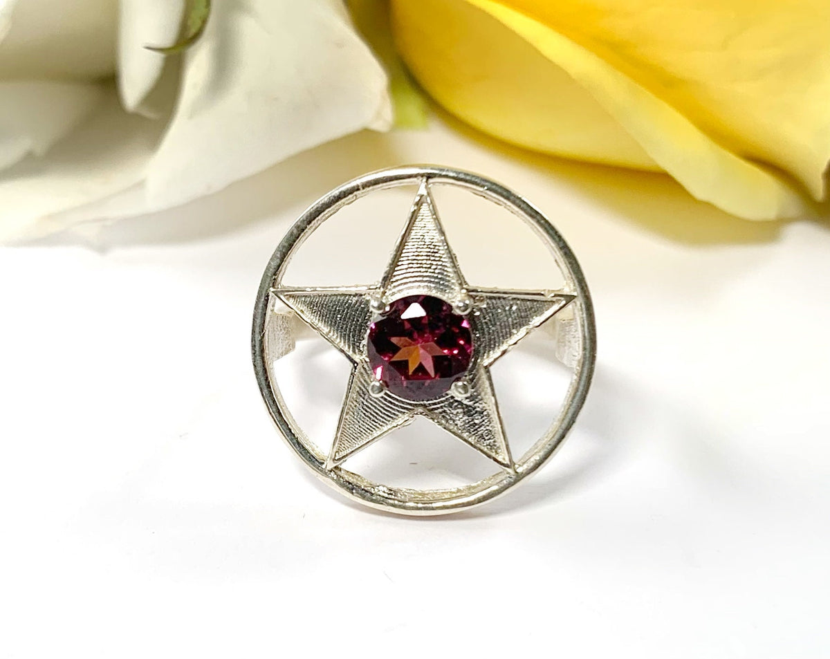 Natural Rhodolite Garnet Ring - US 7.75 Ring - Genuine Garnet Ring - January Birthstone - Christmas Star Gift - Solid Sterling Silver Ring