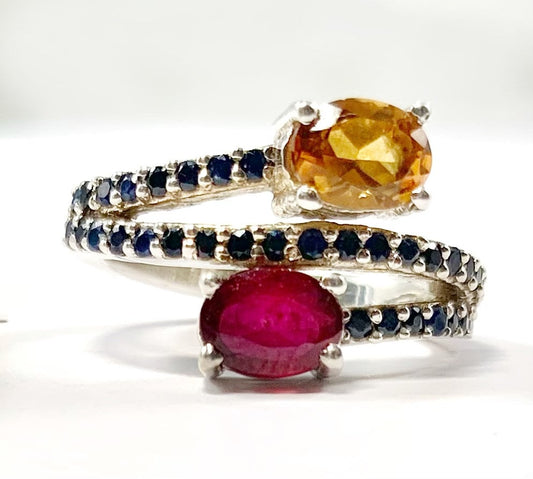 Natural Ruby, Citrine and Blue Sapphire Ring - US 6.0 - Size 6.0 Ring - Solid 925 Sterling Silver Ring - Stamped 925 Ring