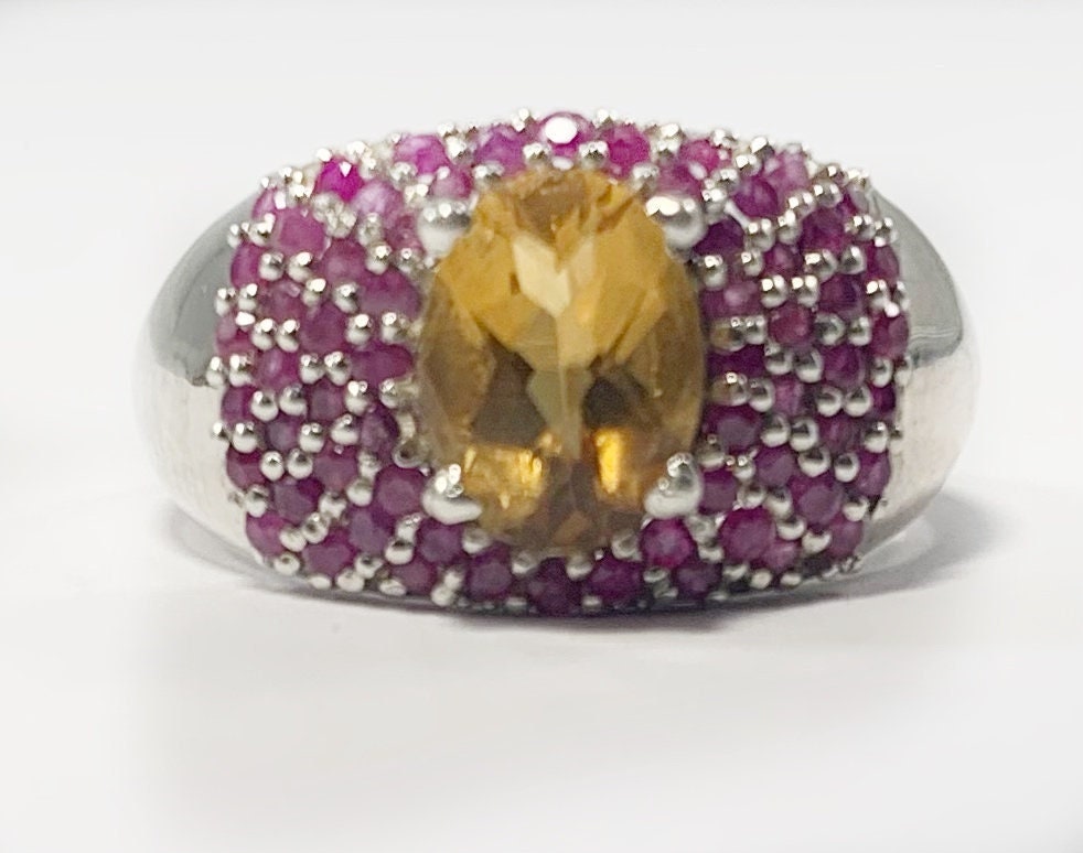 Natural Ruby and Citrine Ring - US 6.5 - Size 6.5 Ring - Solid 925 Sterling Silver Ring - Stamped 925 Ring - Ruby Ring - Citrine Ring