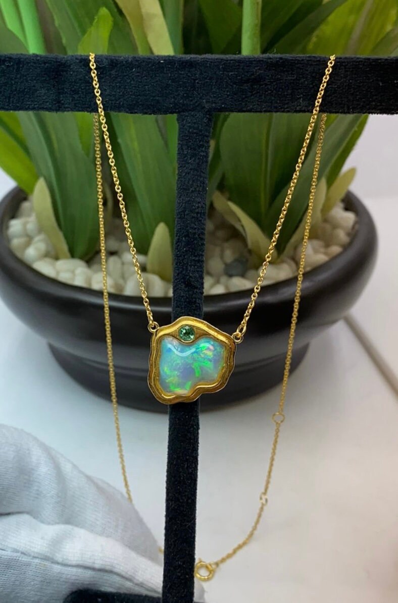 Solid 14K Gold Opal Pendant with attached Chain - Opal Necklace - Opal and Emerald Necklace - Emerald and Opal Pendant - Gold Opal Gift