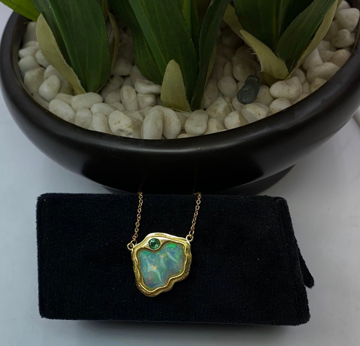 Solid 14K Gold Opal Pendant with attached Chain - Opal Necklace - Opal and Emerald Necklace - Emerald and Opal Pendant - Gold Opal Gift