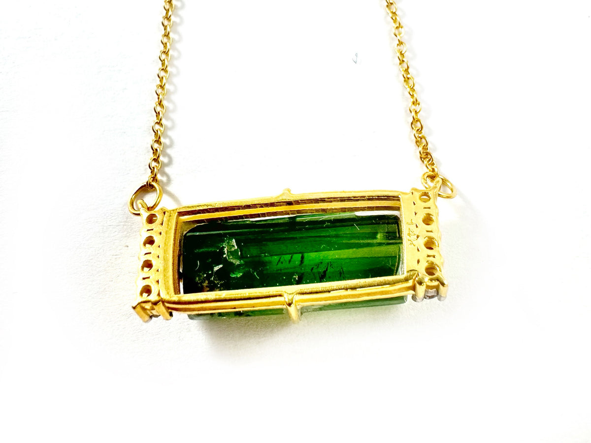 Solid 14K Gold Green Tourmaline and Diamond Pendant with attached Chain - Tourmaline Gold Necklace - Gold Diamond Pendant- Gold Bar Necklace