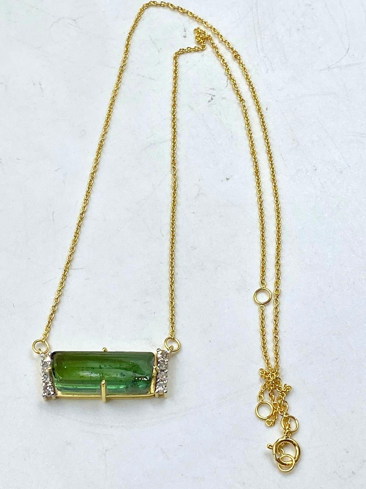 Solid 14K Gold Green Tourmaline and Diamond Pendant with attached Chain - Tourmaline Gold Necklace - Gold Diamond Pendant- Gold Bar Necklace