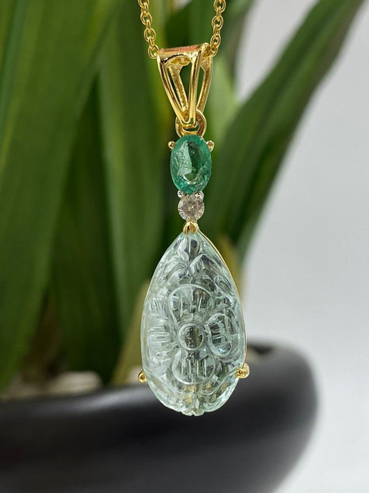 Solid 14K Aquamarine, Emerald and Diamond Pendant with Gold Chain - 14K Gold Carved Aquamarine Diamond Pendant -  Emerald Diamond Pendant