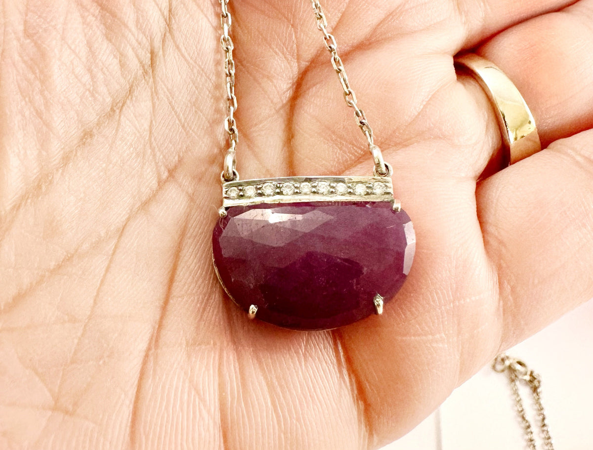 Natural Ruby and Natural Diamonds Silver 925 Necklace - Ruby Diamond Pendant - Ruby Diamond Necklace w attached Chain - July Birthstone