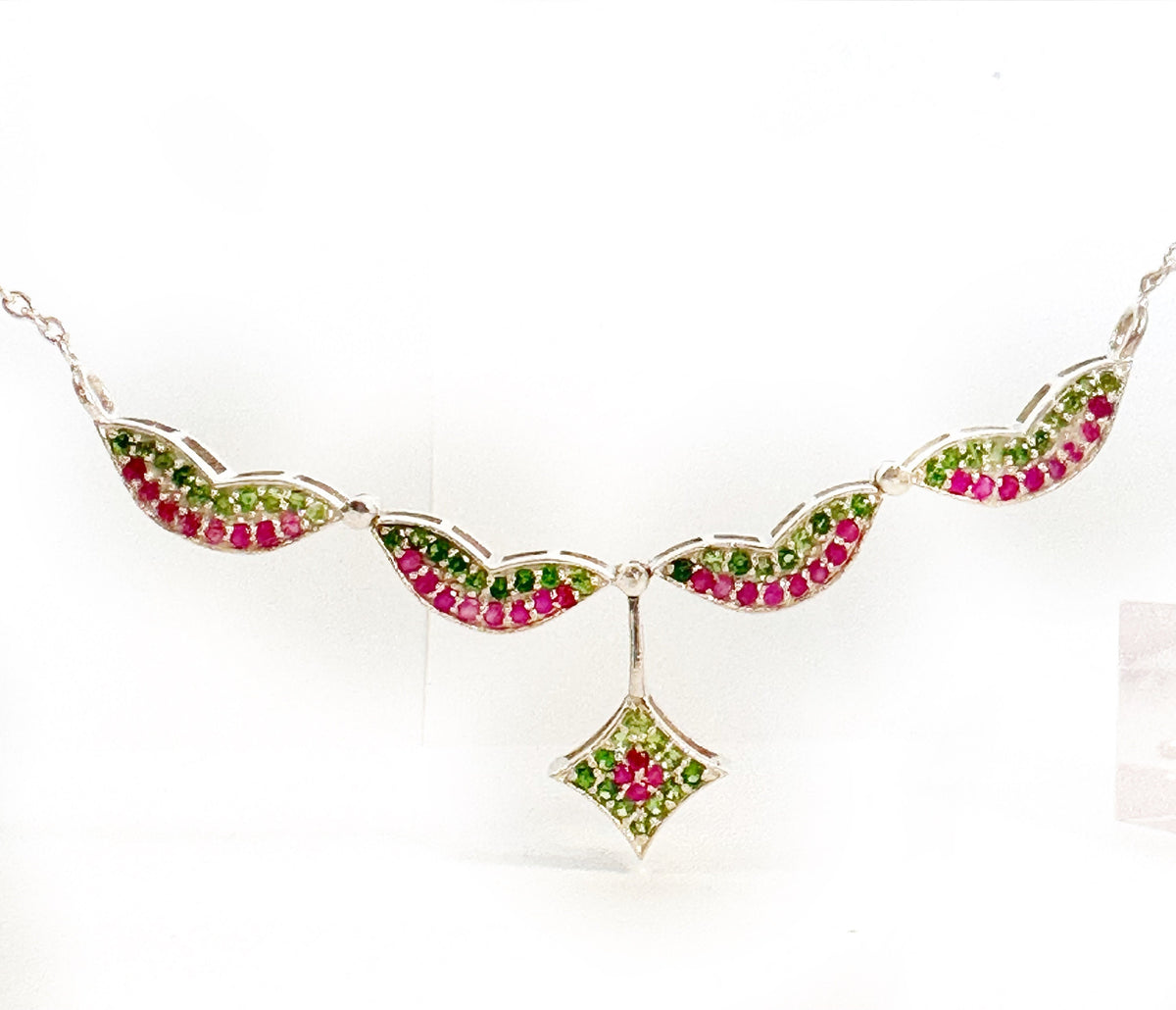 2 in 1 Unique Ruby and Tsavorite Silver 925 Pendant cum Necklace - Ruby and Tsavorite Pendant - Ruby and Tsavorite Necklace w attached Chain