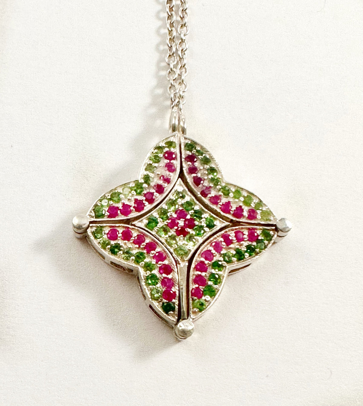 2 in 1 Unique Ruby and Tsavorite Silver 925 Pendant cum Necklace - Ruby and Tsavorite Pendant - Ruby and Tsavorite Necklace w attached Chain