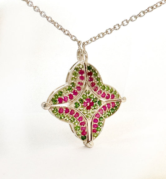2 in 1 Unique Ruby and Tsavorite Silver 925 Pendant cum Necklace - Ruby and Tsavorite Pendant - Ruby and Tsavorite Necklace w attached Chain