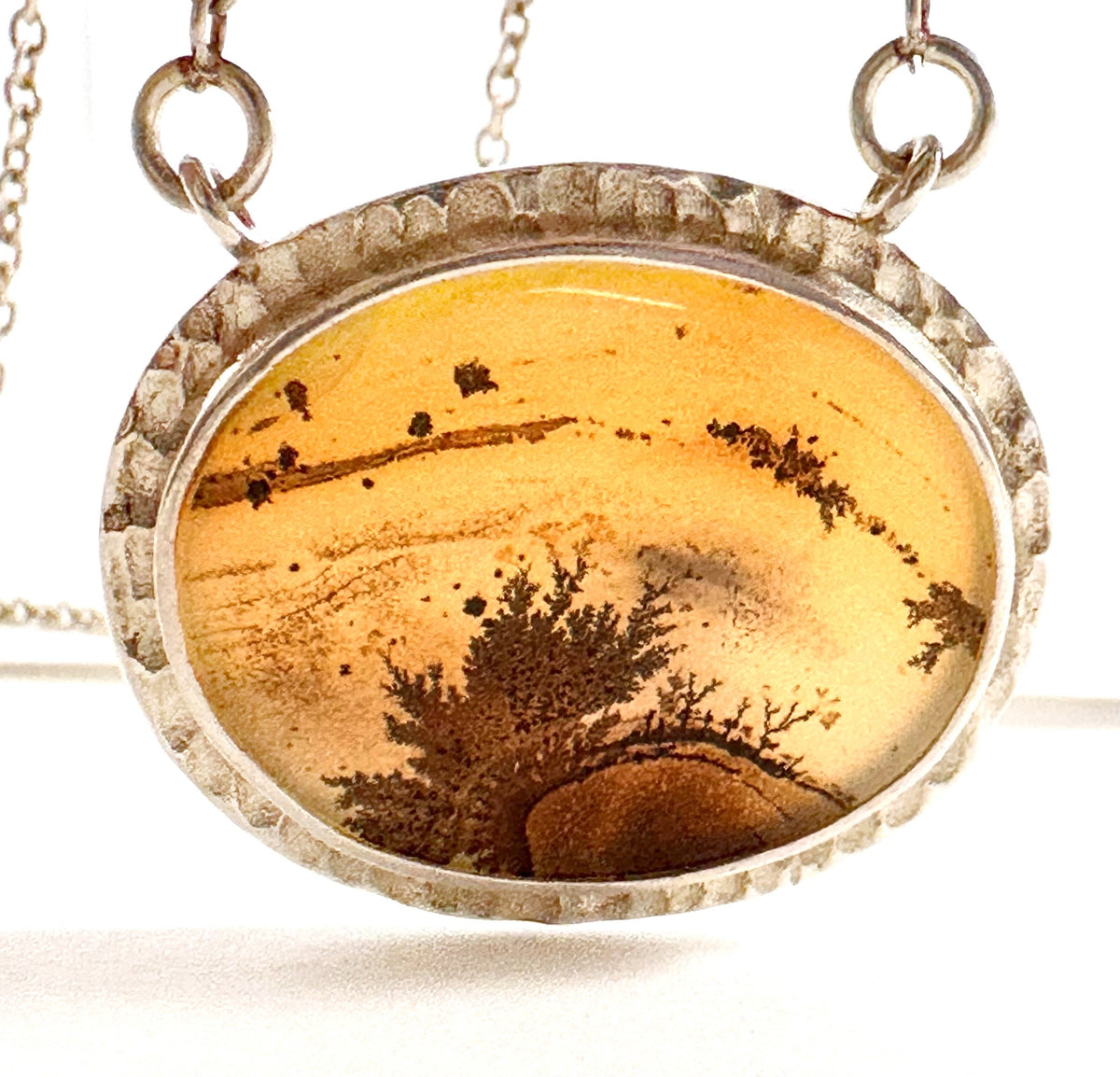 Solid 925 Silver Montana Agate Pendant w attached chain - Montana Agate Necklace - Oval Montana Landscape Pendant - Hammered Silver Pendant