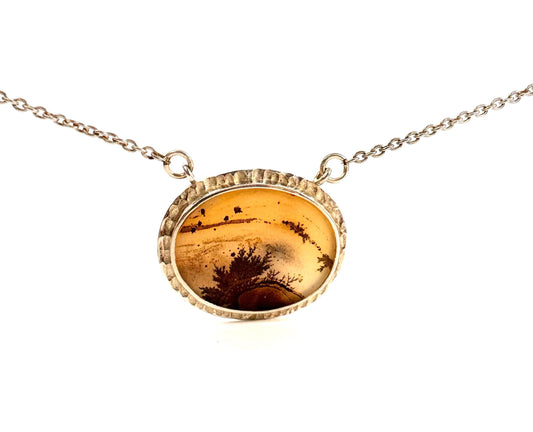Solid 925 Silver Montana Agate Pendant w attached chain - Montana Agate Necklace - Oval Montana Landscape Pendant - Hammered Silver Pendant