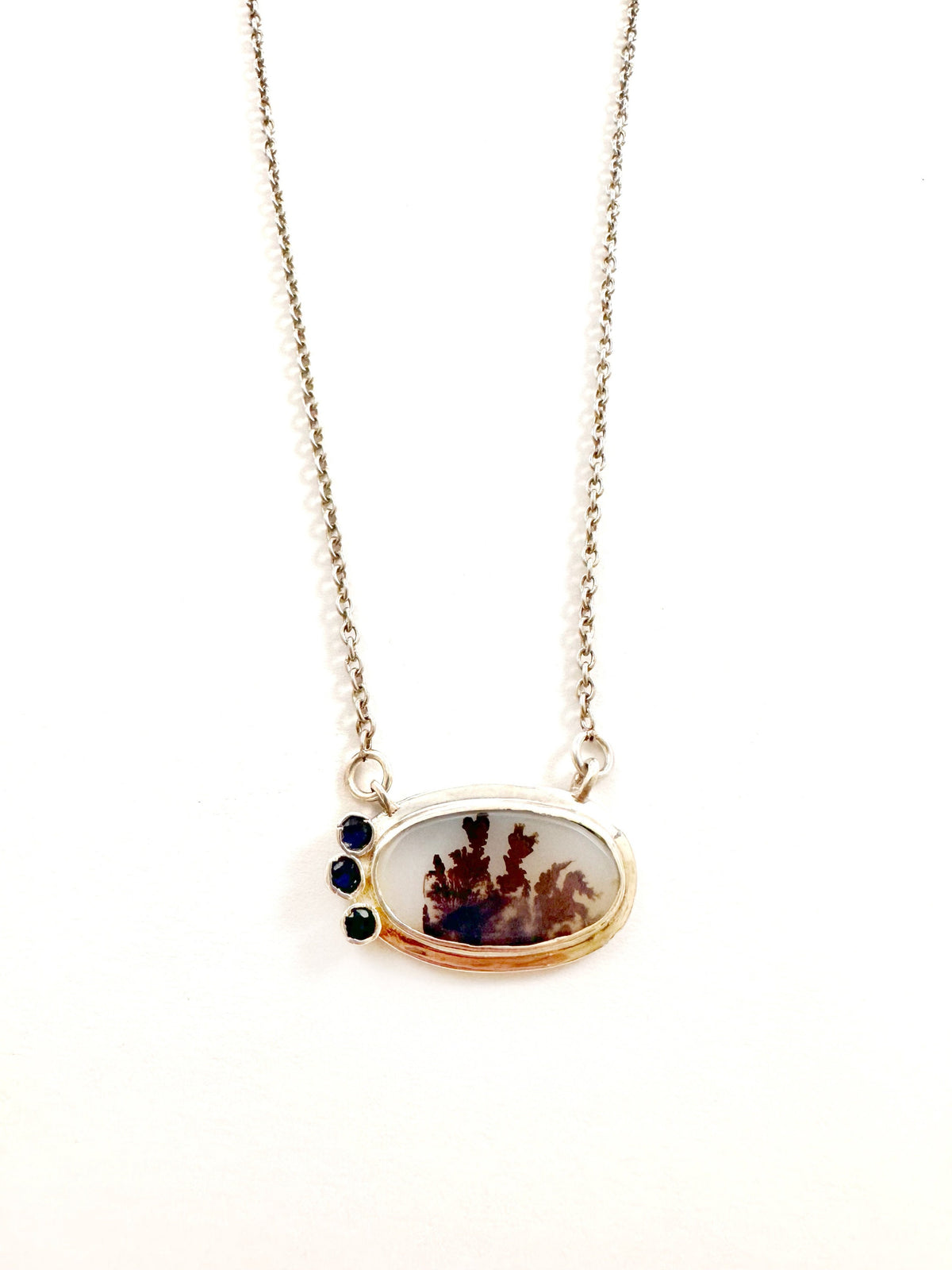Solid 925 Silver Montana Agate and Blue Sapphire Pendant w attached chain - Montana Agate Necklace - Oval Montana Agate Sapphire Pendant