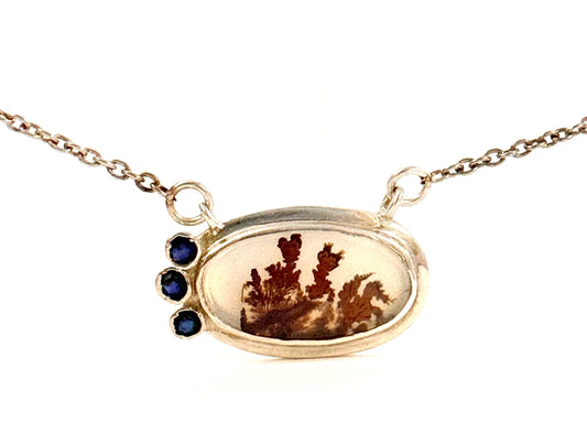 Solid 925 Silver Montana Agate and Blue Sapphire Pendant w attached chain - Montana Agate Necklace - Oval Montana Agate Sapphire Pendant