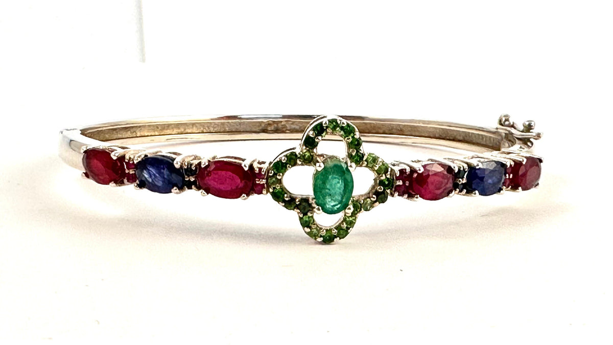 Solid 925 Silver Ruby Emerald Sapphire Bracelet - Sterling Silver Precious Gemstone Bracelet - Genuine Ruby Emerald Sapphire Silver Bangle