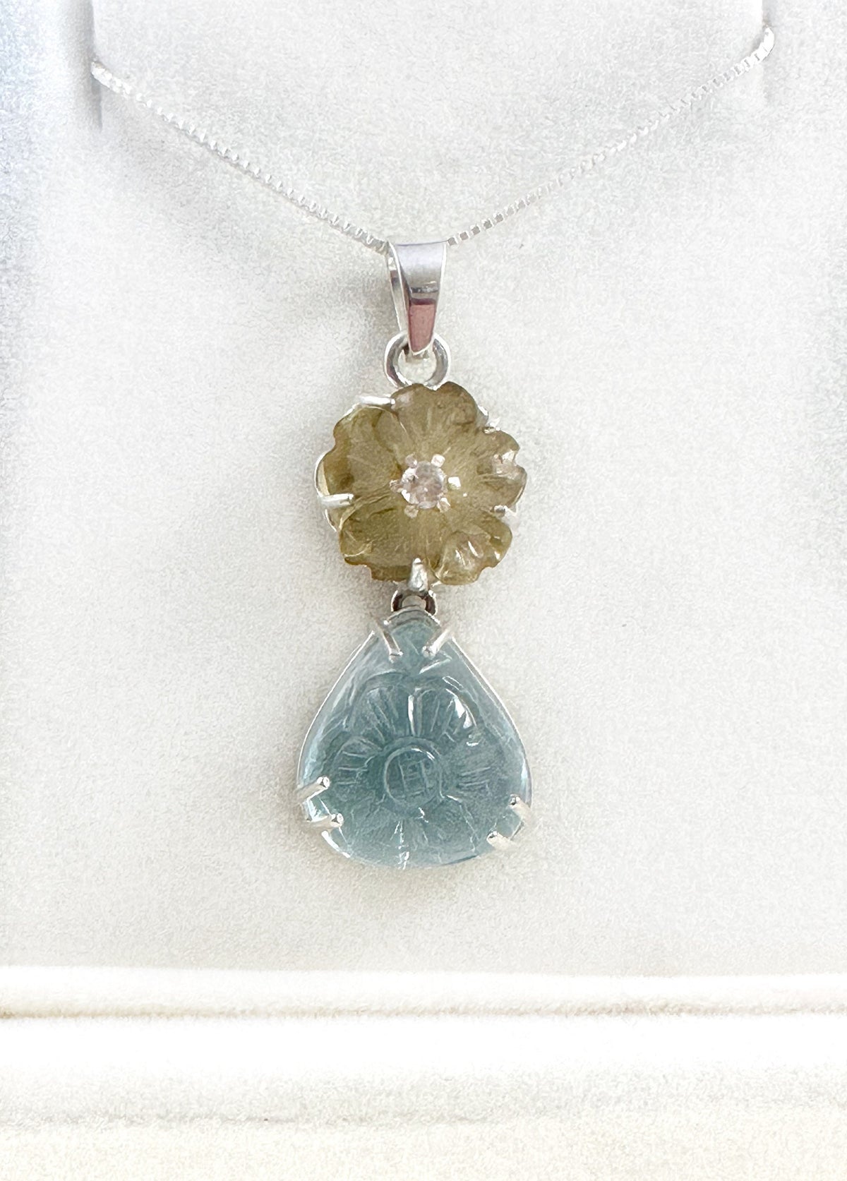 Solid 925 Silver Carved Aquamarine, Lemon Topaz and Natural Diamond Pendant - Aquamarine and Diamond Pendant - Carved Aquamarine Necklace