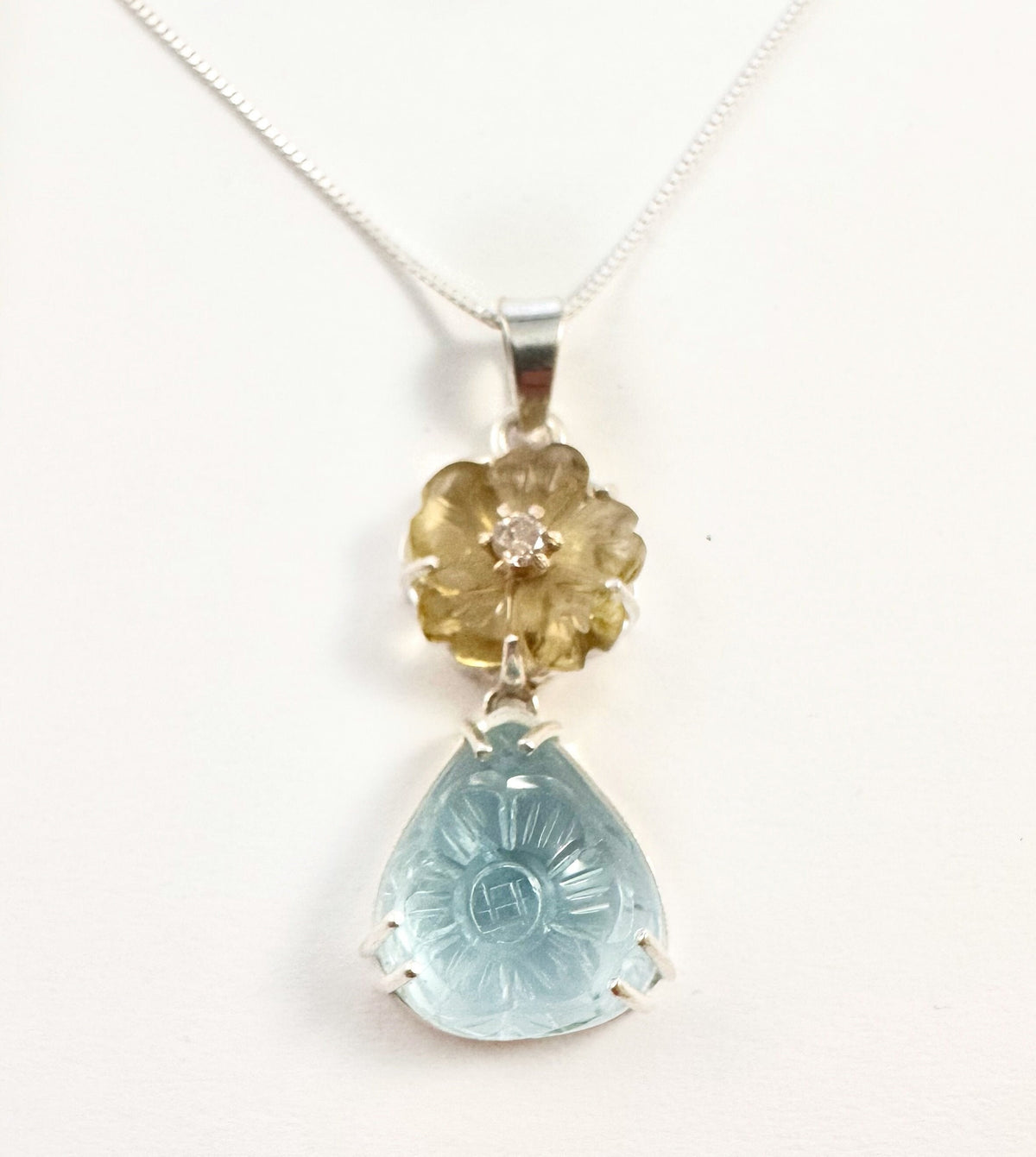 Solid 925 Silver Carved Aquamarine, Lemon Topaz and Natural Diamond Pendant - Aquamarine and Diamond Pendant - Carved Aquamarine Necklace