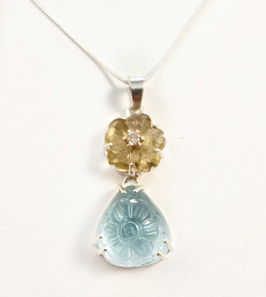 Solid 925 Silver Carved Aquamarine, Lemon Topaz and Natural Diamond Pendant - Aquamarine and Diamond Pendant - Carved Aquamarine Necklace