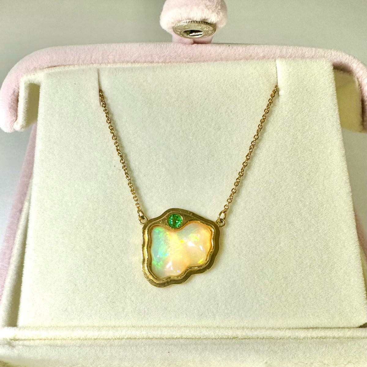 Solid 14K Gold Opal Pendant with attached Chain - Opal Necklace - Opal and Emerald Necklace - Emerald and Opal Pendant - Gold Opal Gift