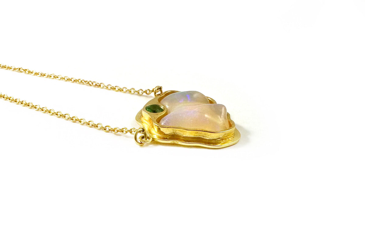 Solid 14K Gold Opal Pendant with attached Chain - Opal Necklace - Opal and Emerald Necklace - Emerald and Opal Pendant - Gold Opal Gift