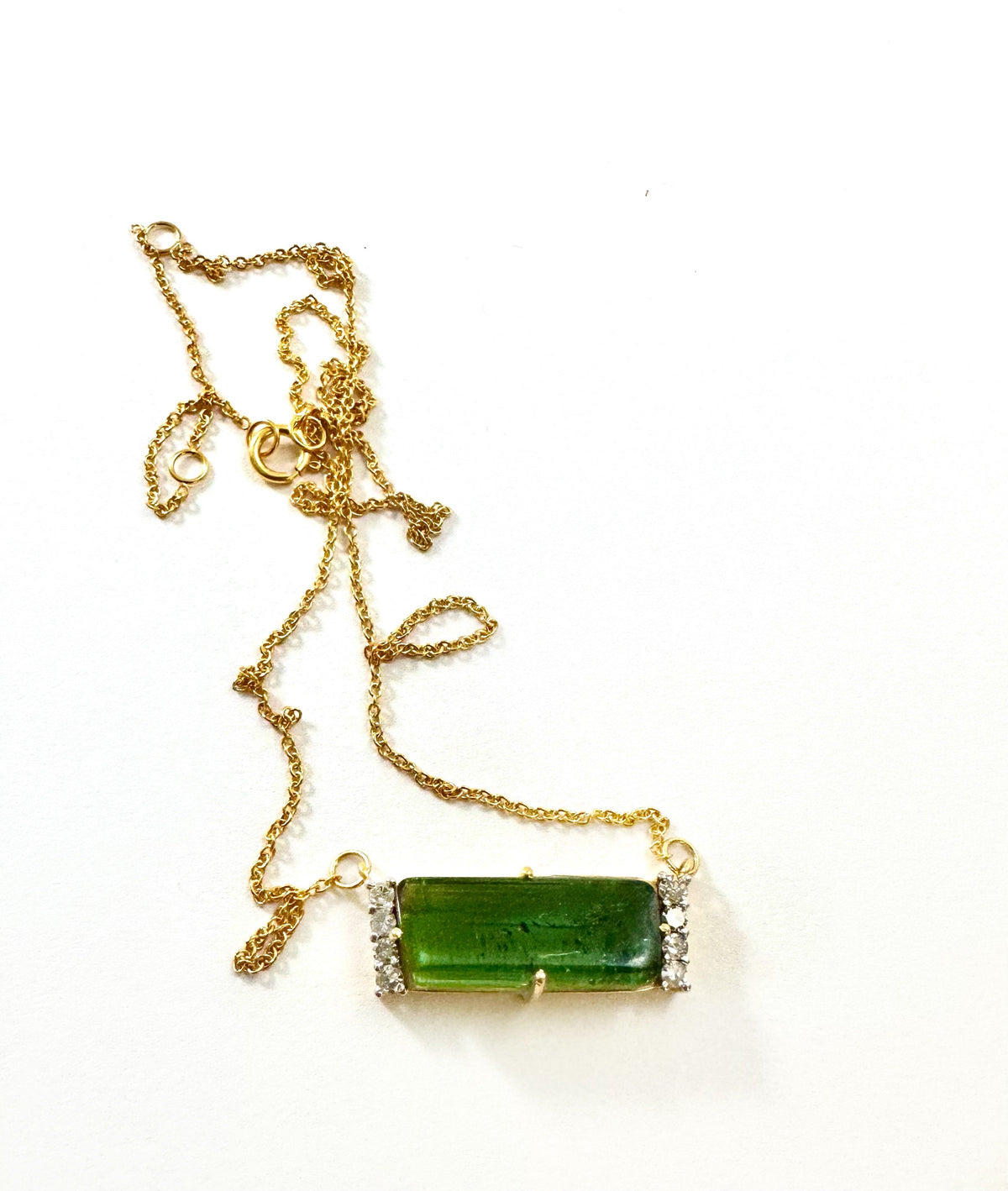 Solid 14K Gold Green Tourmaline and Diamond Pendant with attached Chain - Tourmaline Gold Necklace - Gold Diamond Pendant- Gold Bar Necklace