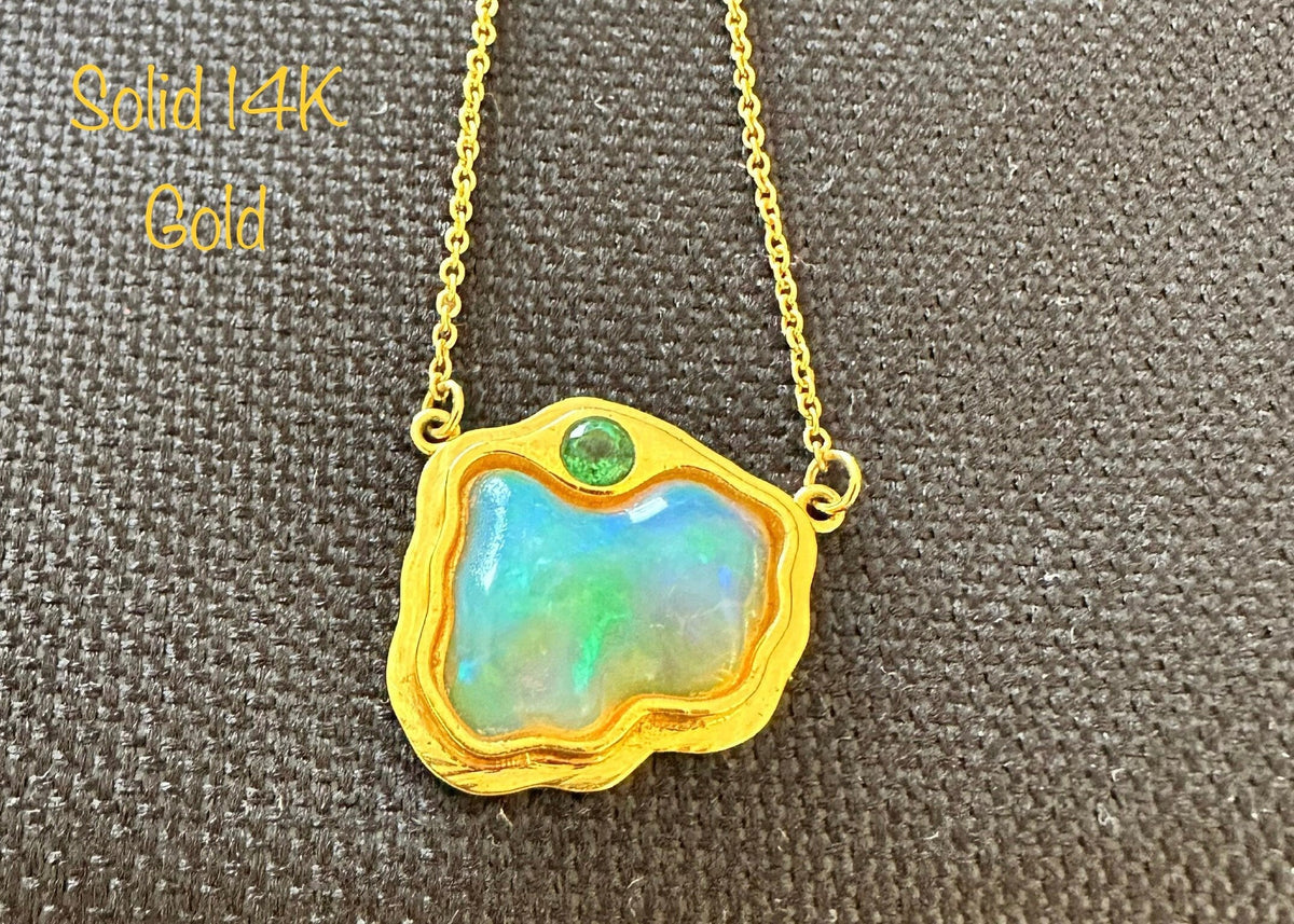 Solid 14K Gold Opal Pendant with attached Chain - Opal Necklace - Opal and Emerald Necklace - Emerald and Opal Pendant - Gold Opal Gift