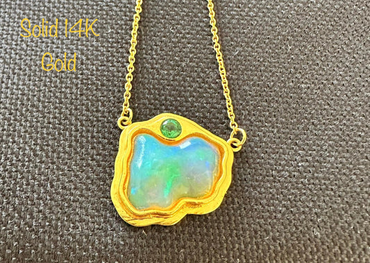 Solid 14K Gold Opal Pendant with attached Chain - Opal Necklace - Opal and Emerald Necklace - Emerald and Opal Pendant - Gold Opal Gift