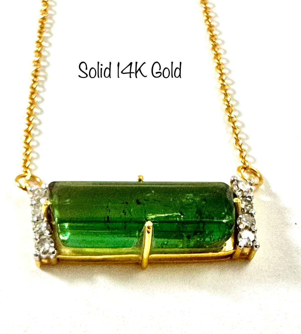 Solid 14K Gold Green Tourmaline and Diamond Pendant with attached Chain - Tourmaline Gold Necklace - Gold Diamond Pendant- Gold Bar Necklace