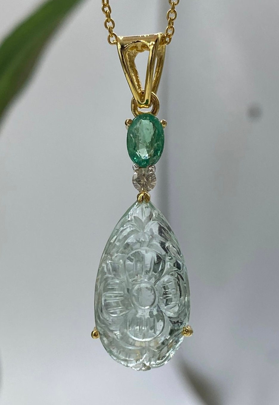 Solid 14K Aquamarine, Emerald and Diamond Pendant with Gold Chain - 14K Gold Carved Aquamarine Diamond Pendant -  Emerald Diamond Pendant