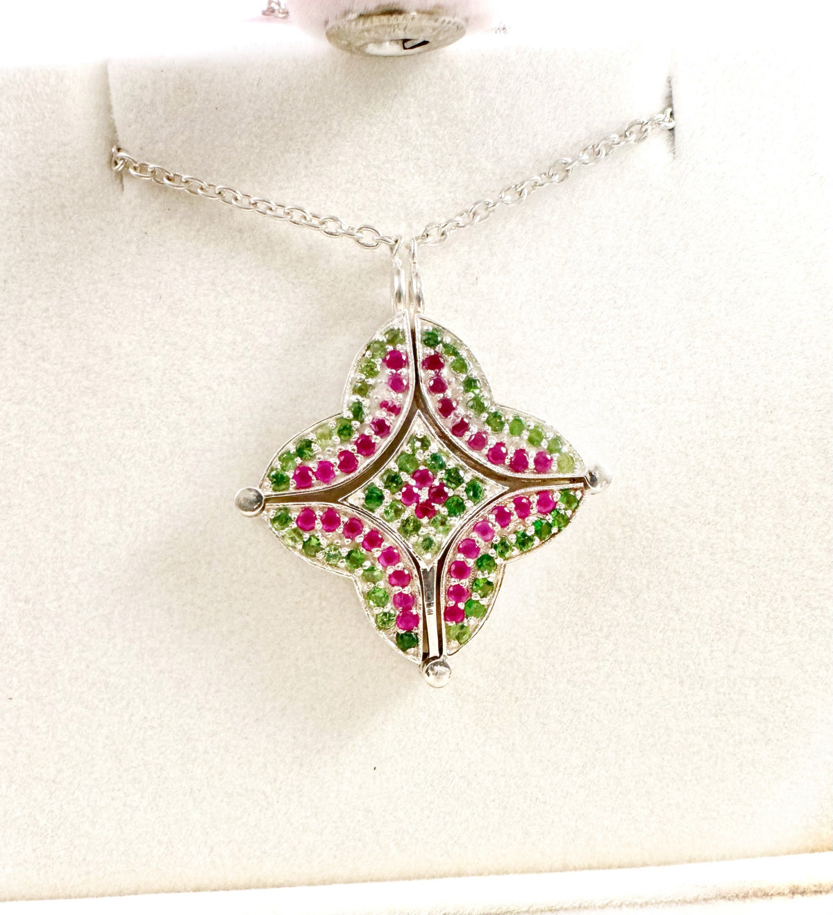2 in 1 Unique Ruby and Tsavorite Silver 925 Pendant cum Necklace - Ruby and Tsavorite Pendant - Ruby and Tsavorite Necklace w attached Chain