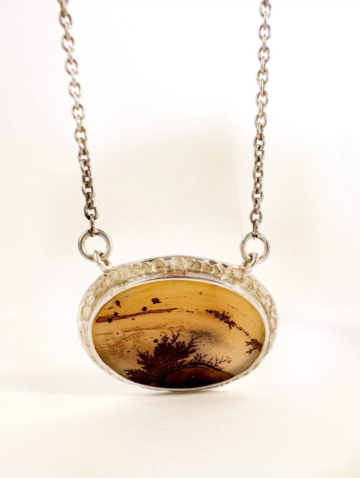 Solid 925 Silver Montana Agate Pendant w attached chain - Montana Agate Necklace - Oval Montana Landscape Pendant - Hammered Silver Pendant