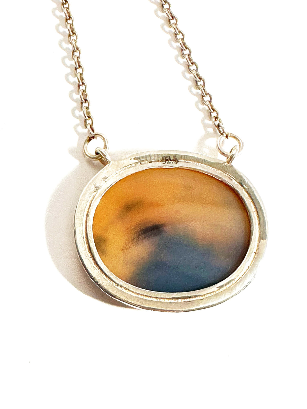 Solid 925 Silver Montana Agate Pendant w attached chain - Montana Agate Necklace - Oval Montana Landscape Pendant - Hammered Silver Pendant