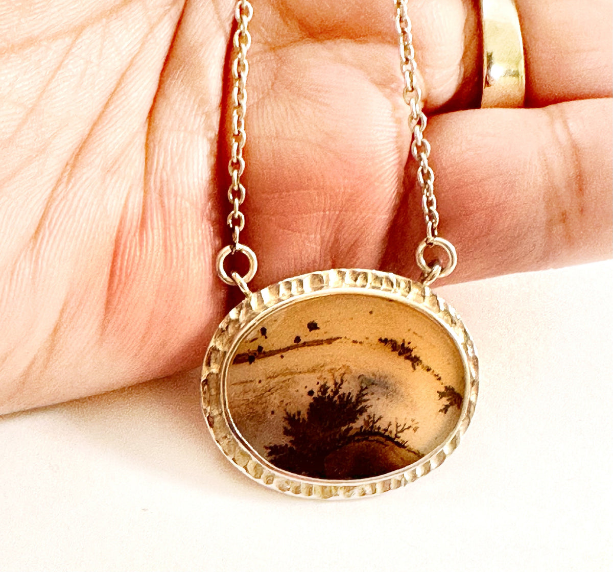 Solid 925 Silver Montana Agate Pendant w attached chain - Montana Agate Necklace - Oval Montana Landscape Pendant - Hammered Silver Pendant