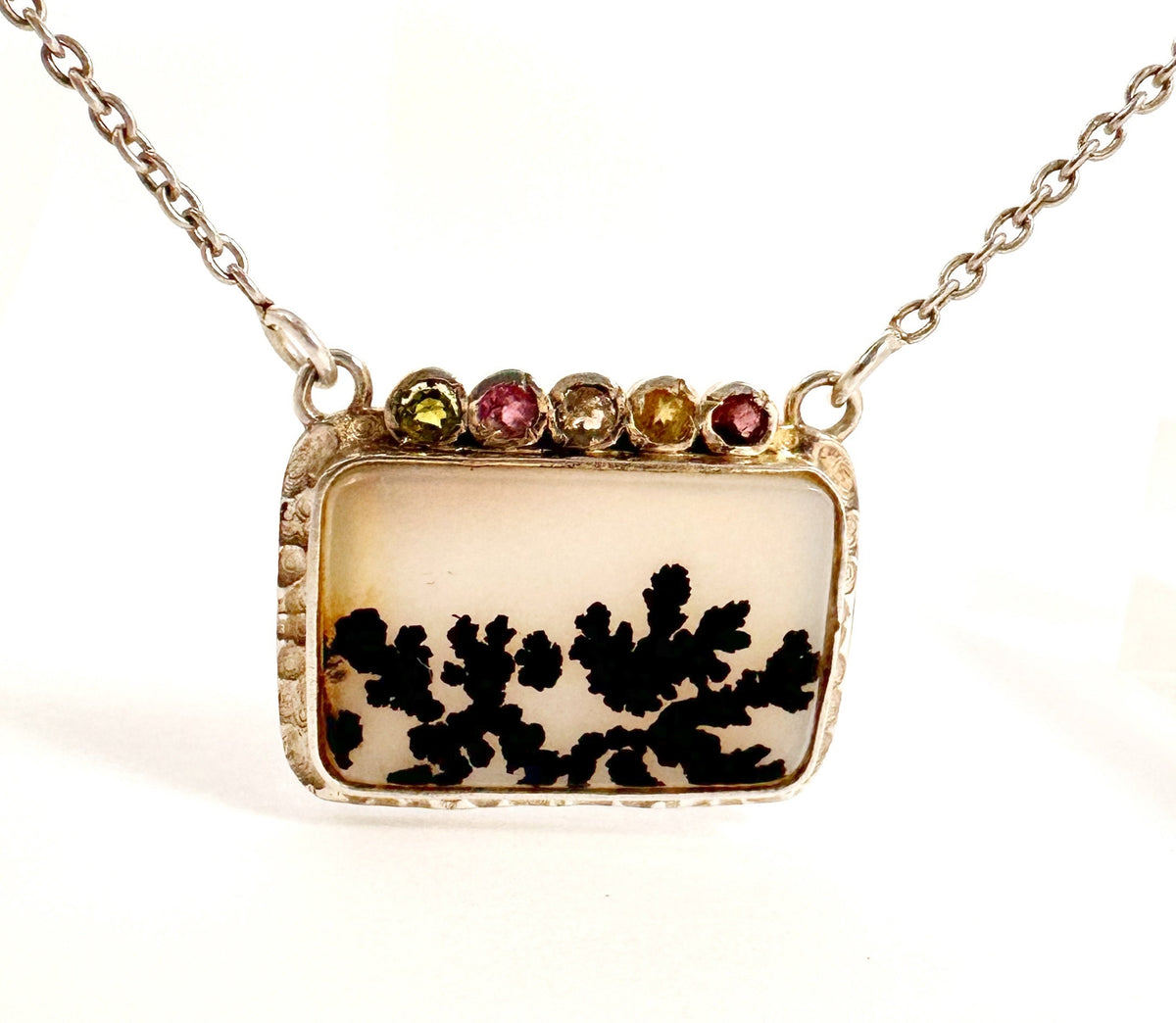 Solid 925 Silver Montana Agate and Multi-Tourmaline Pendant w attached chain - Montana Agate Necklace - Rectangle Agate Tourmaline Pendant