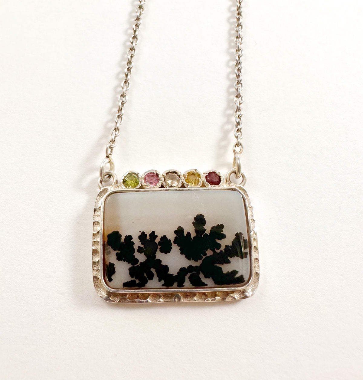 Solid 925 Silver Montana Agate and Multi-Tourmaline Pendant w attached chain - Montana Agate Necklace - Rectangle Agate Tourmaline Pendant