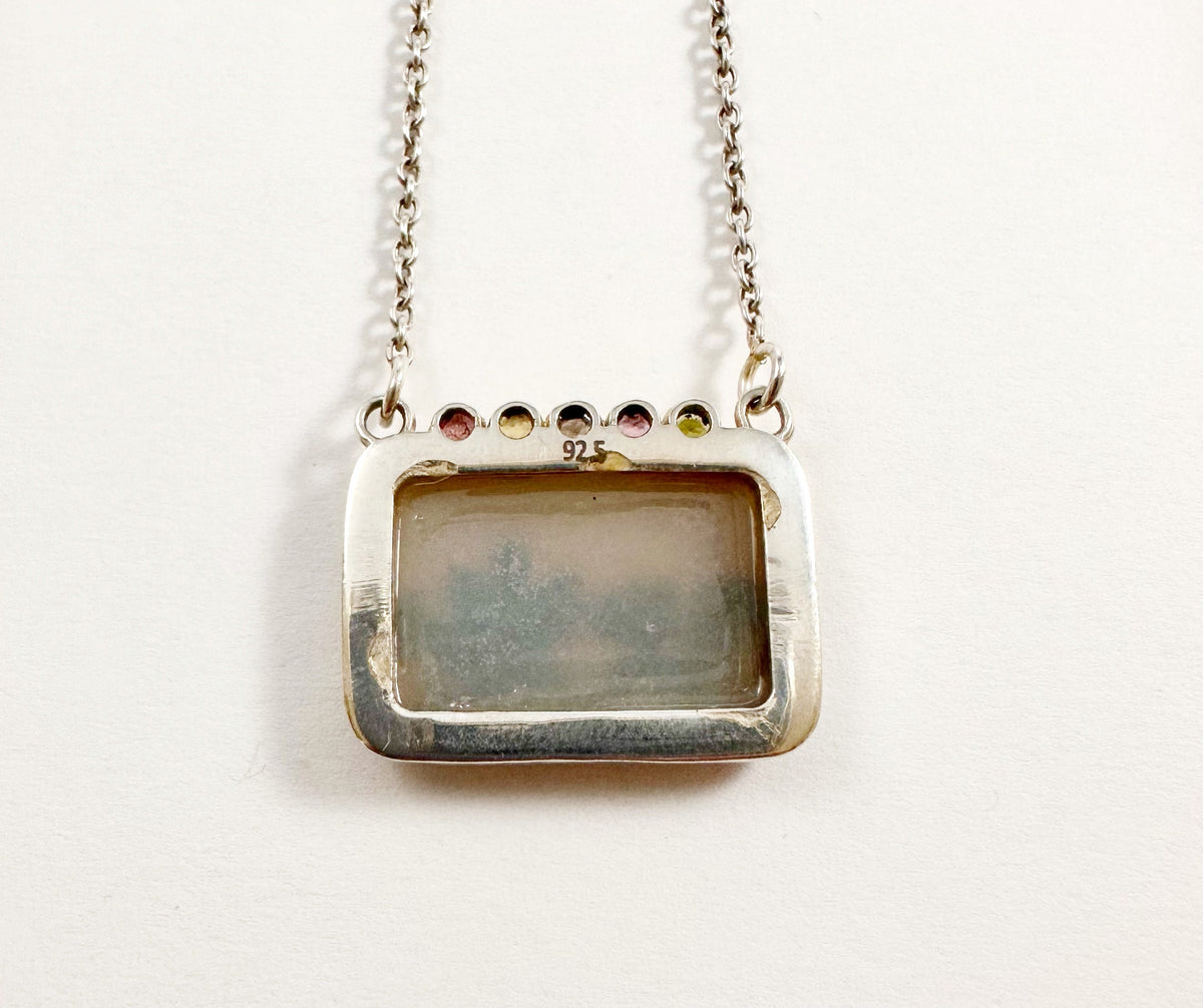 Solid 925 Silver Montana Agate and Multi-Tourmaline Pendant w attached chain - Montana Agate Necklace - Rectangle Agate Tourmaline Pendant