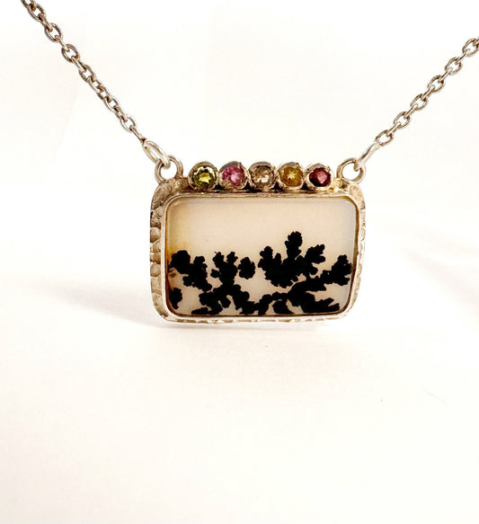 Solid 925 Silver Montana Agate and Multi-Tourmaline Pendant w attached chain - Montana Agate Necklace - Rectangle Agate Tourmaline Pendant