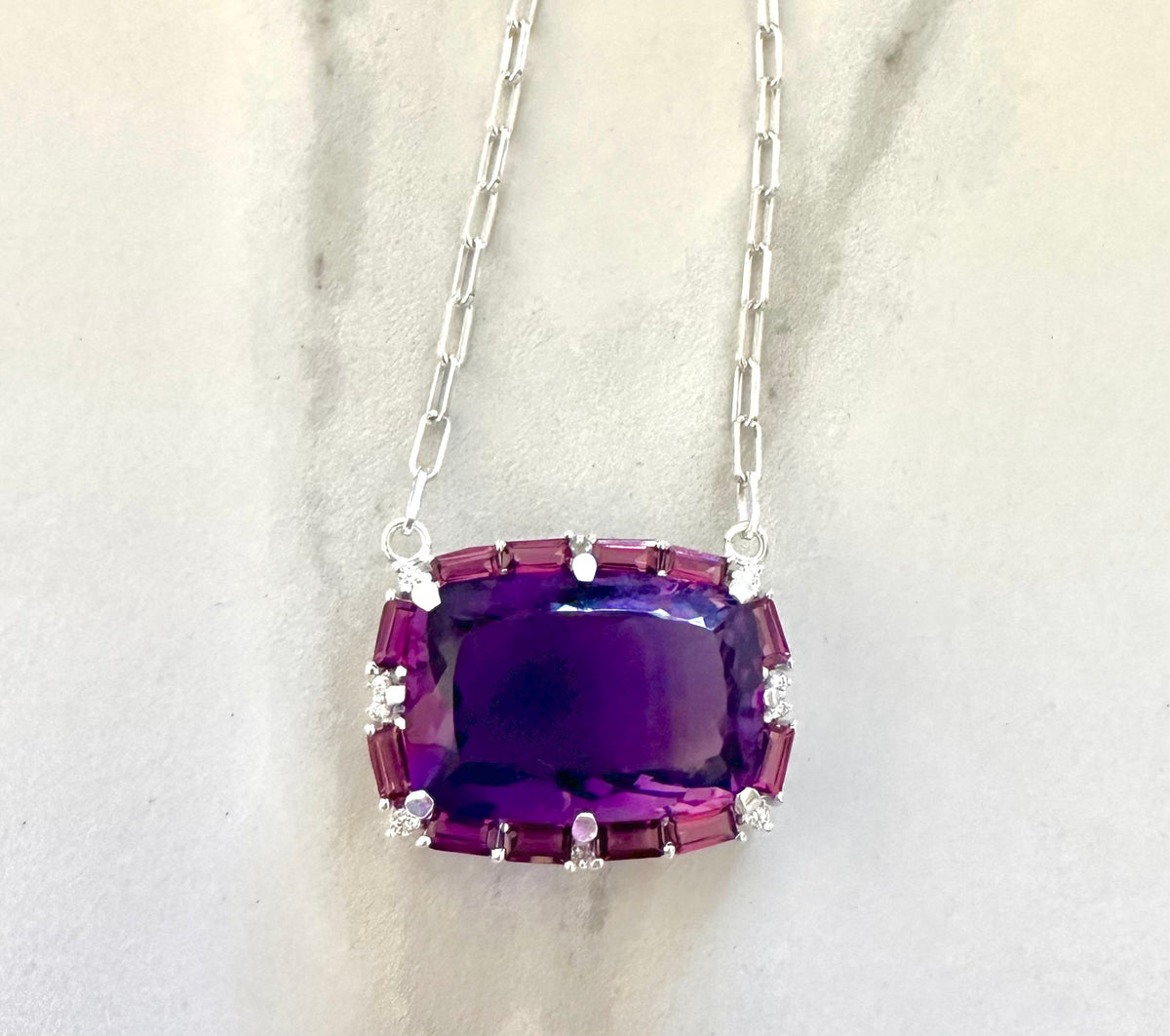 WAITLIST AVAILABLE- SOLD- Huge 46 Carat Amethyst and Rhodolite Garnet Pendant w attached chain - Solid 925 Silver Large Amethyst Necklace