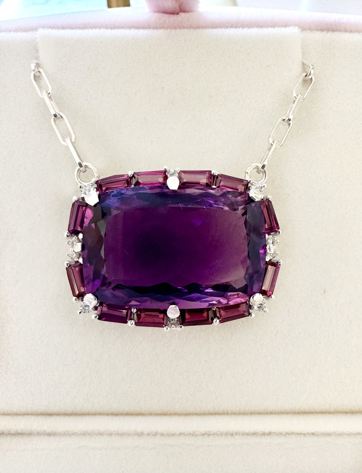 WAITLIST AVAILABLE- SOLD- Huge 46 Carat Amethyst and Rhodolite Garnet Pendant w attached chain - Solid 925 Silver Large Amethyst Necklace