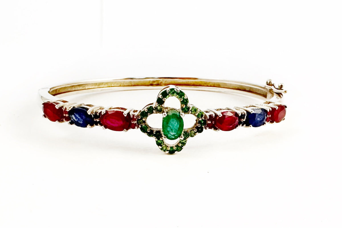 Solid 925 Silver Ruby Emerald Sapphire Bracelet - Sterling Silver Precious Gemstone Bracelet - Genuine Ruby Emerald Sapphire Silver Bangle