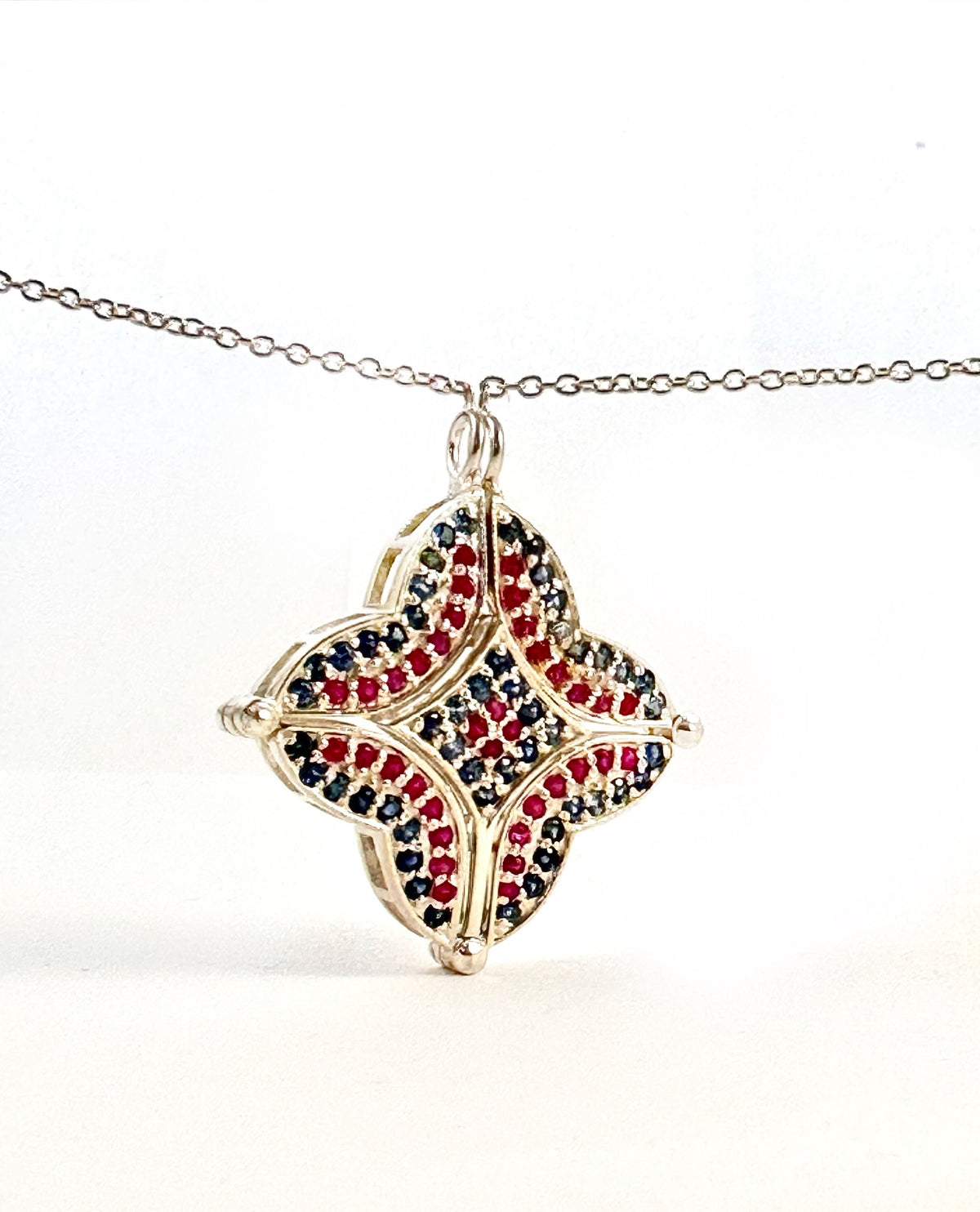 2 in 1 Unique Ruby and Blue Sapphire Silver 925 Pendant cum Necklace - Ruby & Sapphire Pendant - Ruby and Sapphire Necklace w Chain